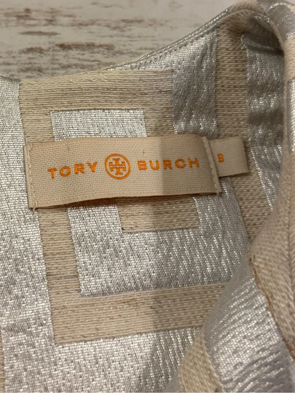 Tory Burch Jacquard Shift Dress Silver Metallic Greek Key Geometric Design SZ 8